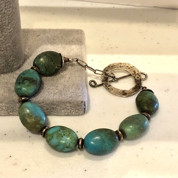 Genuine Turquoise & Sterling Silver 925 Bracelet- Artisan made.  Toggle closure - Picture 4 of 13